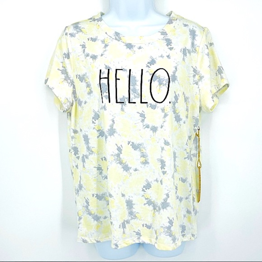 RAE DUNN Rare artist “HELLO”yellow tie dye relaxed tee size medium NWT